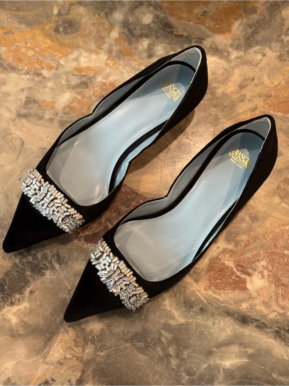 Francis Valentine Black Suede Crystal Embellished D’Orsay Flats Size 8.5B - Picture 3 of 10